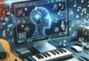 Interface de inteligência artificial exibindo composição musical com notas e formas de onda ao lado de um teclado de piano.