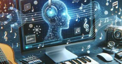 Interface de inteligência artificial exibindo composição musical com notas e formas de onda ao lado de um teclado de piano.