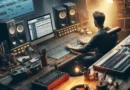 Produtor musical trabalhando em um estúdio, focado em uma mesa de mixagem e telas com software de produção.