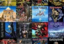 Tabela colorida detalhando a discografia do Iron Maiden, incluindo álbuns com fundo temático de heavy metal.