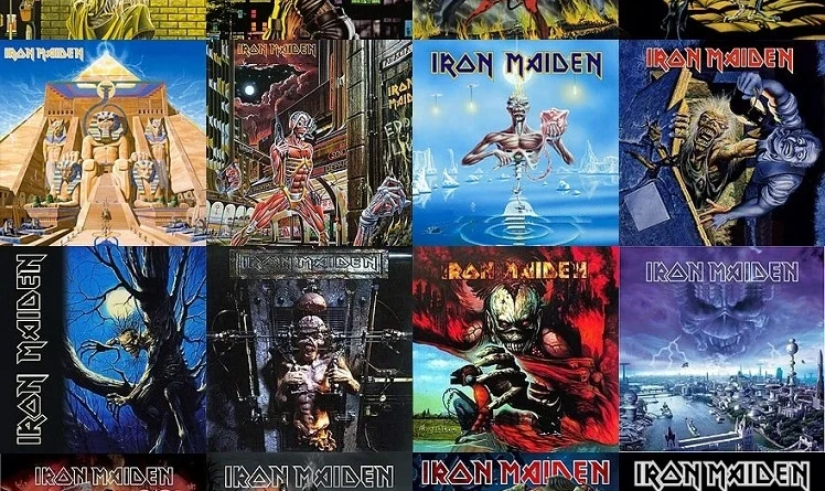 Tabela colorida detalhando a discografia do Iron Maiden, incluindo álbuns com fundo temático de heavy metal.
